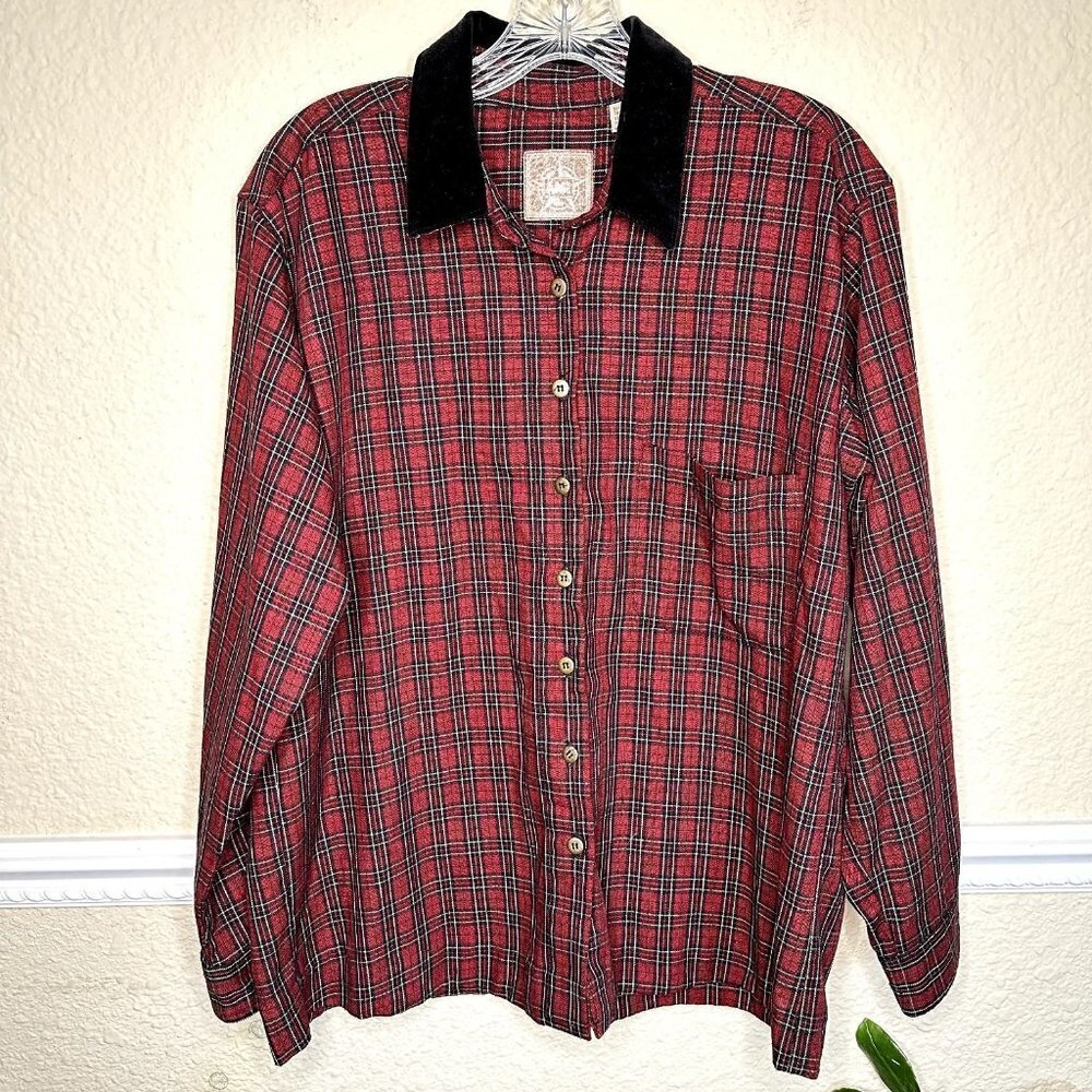 VINTAGE AMI Shirt Women Large Button Down Red Rad Plaid Velvet Collar Western